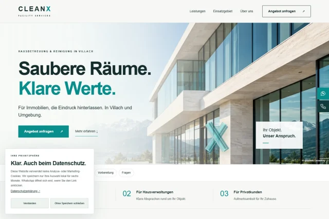 CleanX Facility — Website auf dem Desktop