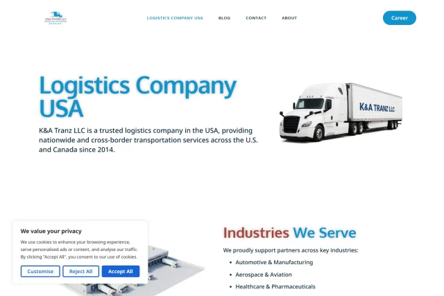 K&A Tranz Logistics — Website auf dem Desktop