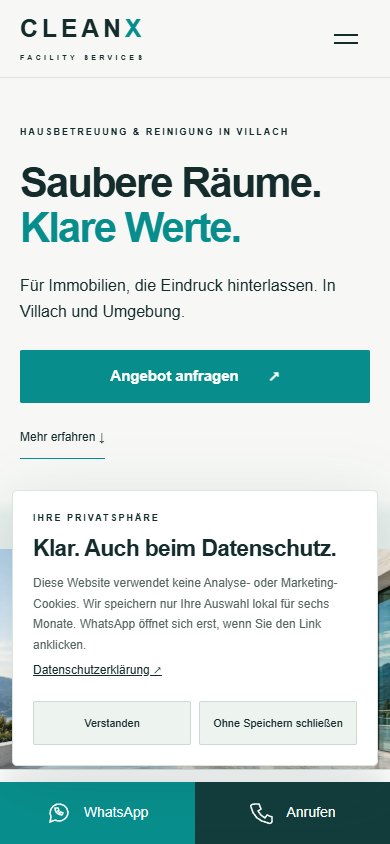 CleanX Facility — Website auf dem Smartphone