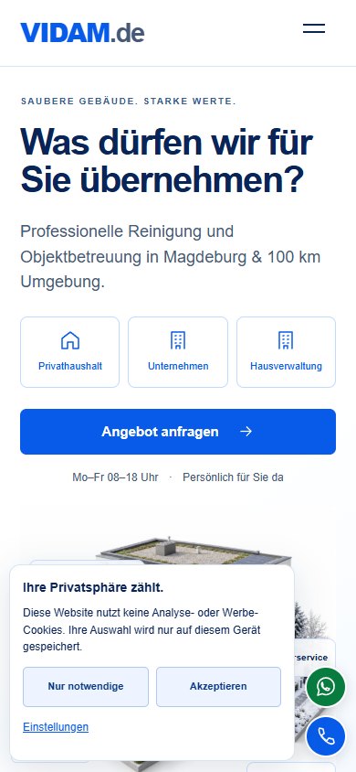 VIDAM Reinigung — Website auf dem Smartphone